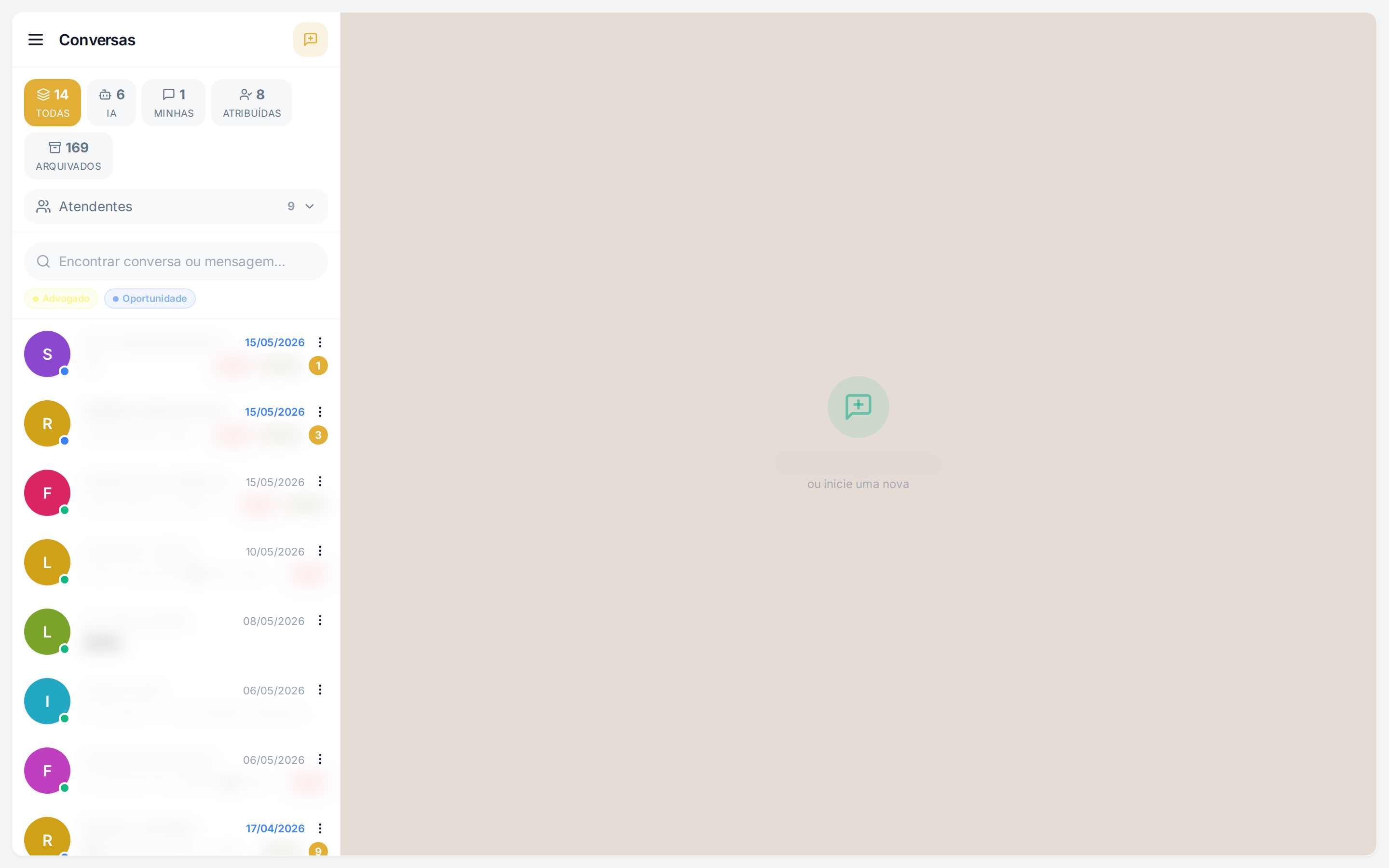 Caixa de Conversas do RSABOX — 14 ativas, 6 com IA, 8 atribuídas, 169 arquivadas. Lista com avatares dos contatos e filtros por atendente.
