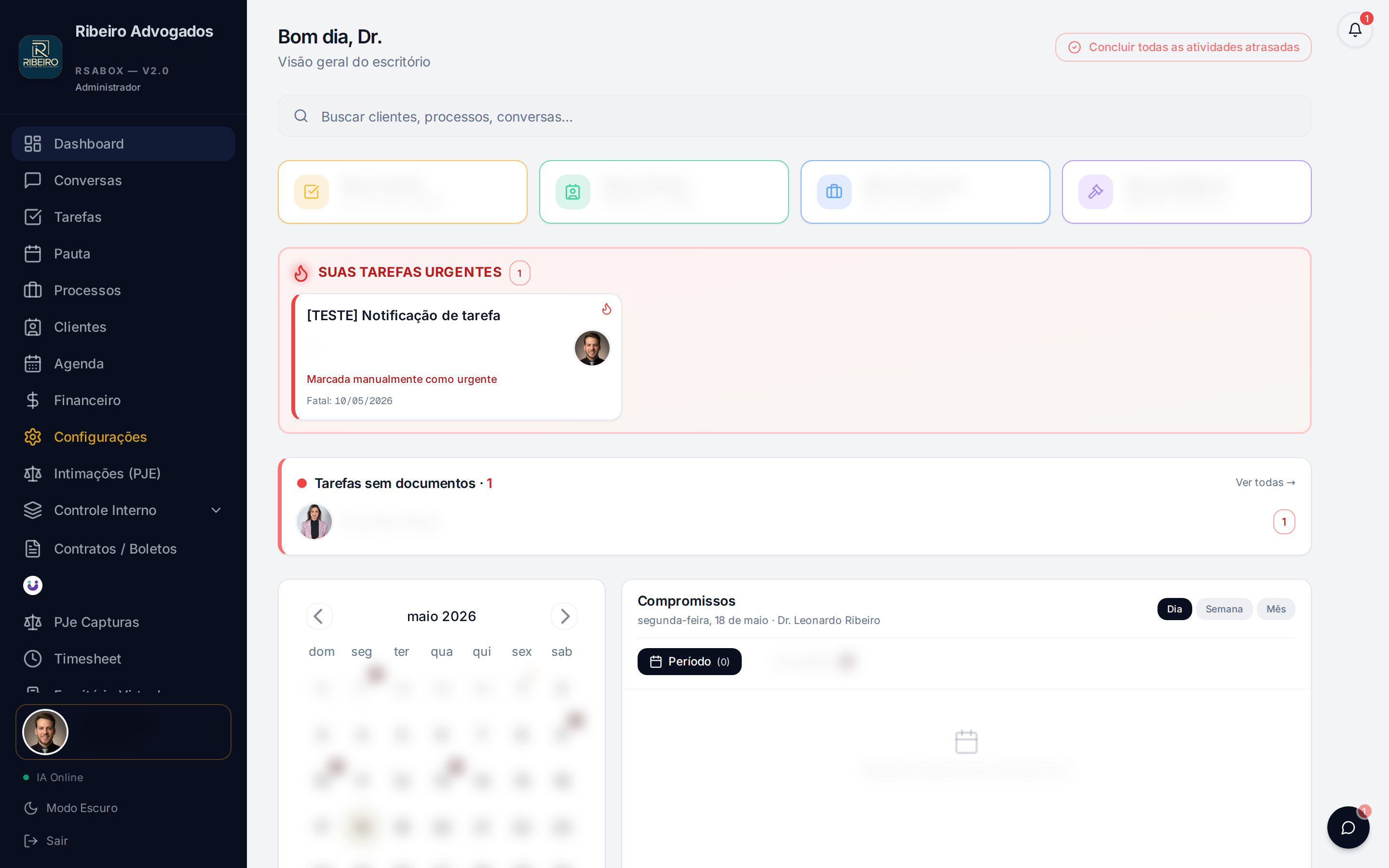 Dashboard RSABOX com tarefas urgentes, calendário do dia e compromissos