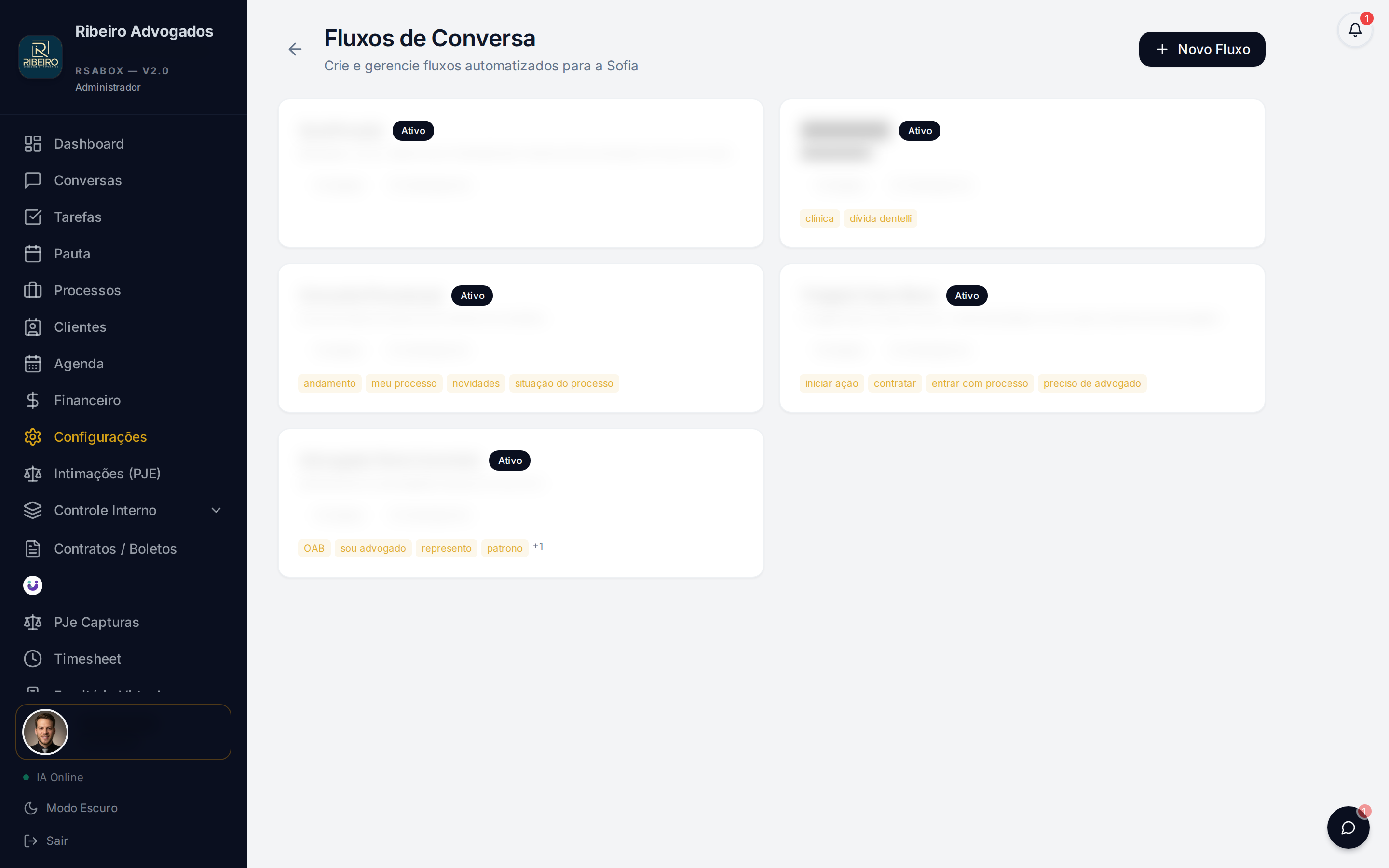 Fluxos de Conversa da Atendente IA do RSABOX — cinco fluxos ativos com tags de intenção configuráveis sem código